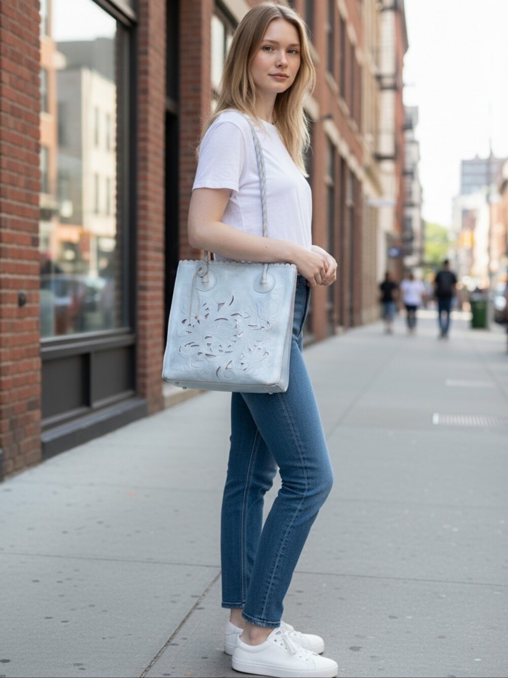 Patricia Nash Light Gray "Cavo" Embossed Leather Tote with Floral Cutouts